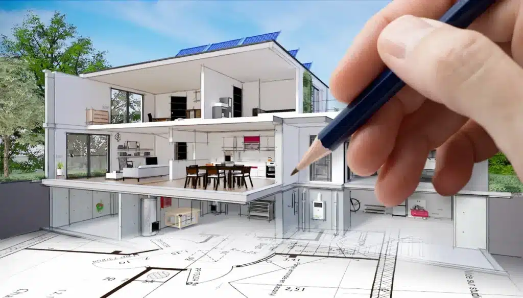 Croquis détaillé d’un projet architectural en 3D, montrant l’intérieur d’une maison moderne et son aménagement. ​​